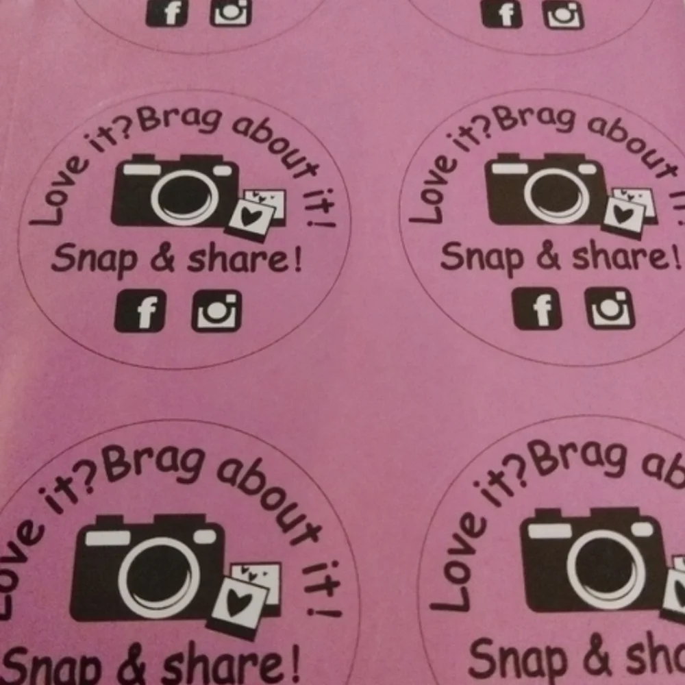 60 Pink “Love It? Brag About It!” Snap & Share Social Media Thank You Stickers